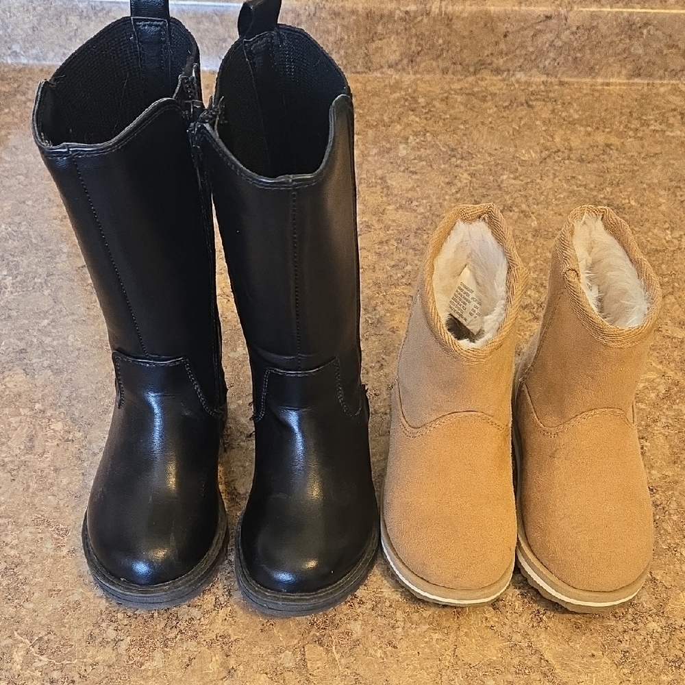 Black Tall Boots & Tan Faux-Shearling Ankle Boots Duo Toddler Size 7